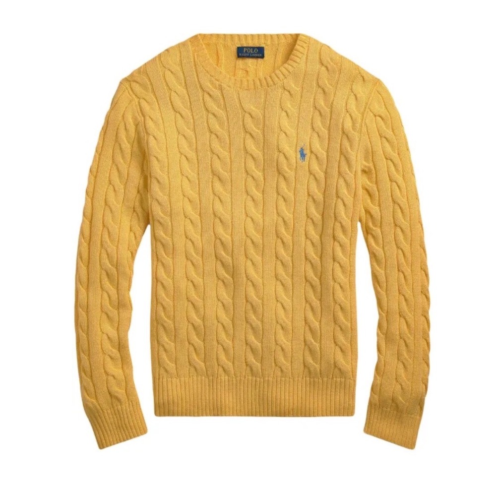 Polo Ralph Lauren Mens XL Yellow Cable Knit Cotton Crewneck Sweater Blue Pony